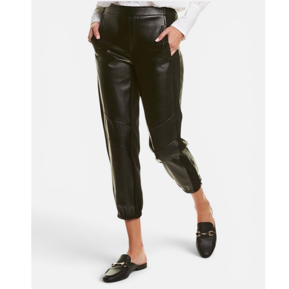 BAILEY 44 Black Vegan Faux Leather Front Stretch Knit Back Zipper Joggers | EUC